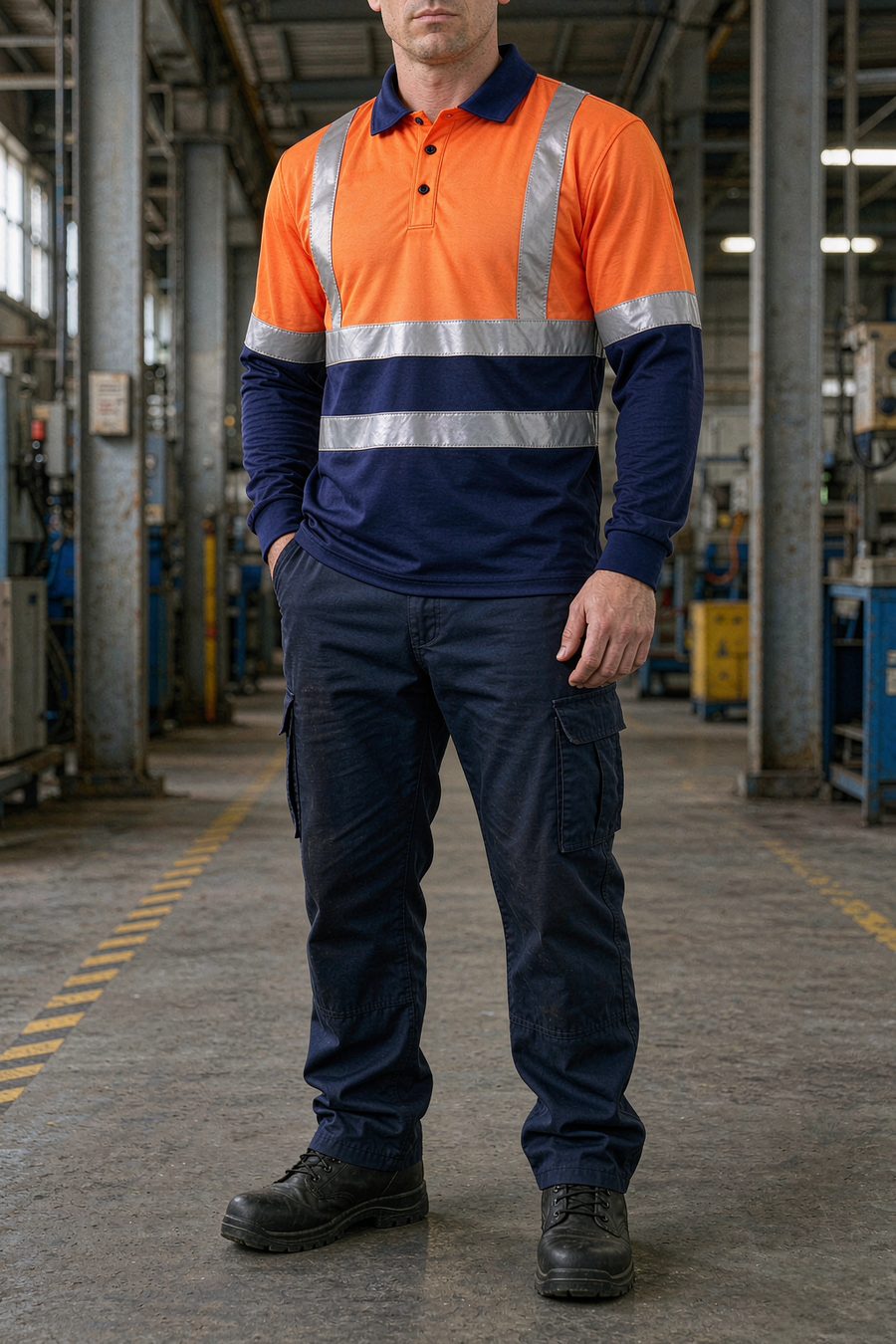 Hi-vis reflective polo shirt, long sleeve, orange and navy