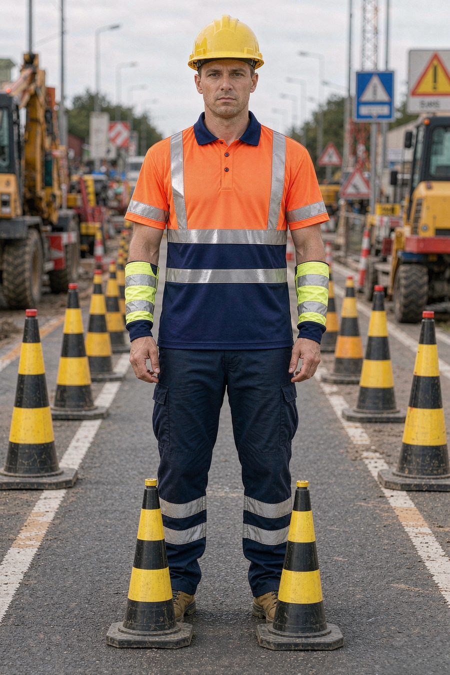 Two-tone hi-vis reflective polo shirt, short sleeve, orange and navy