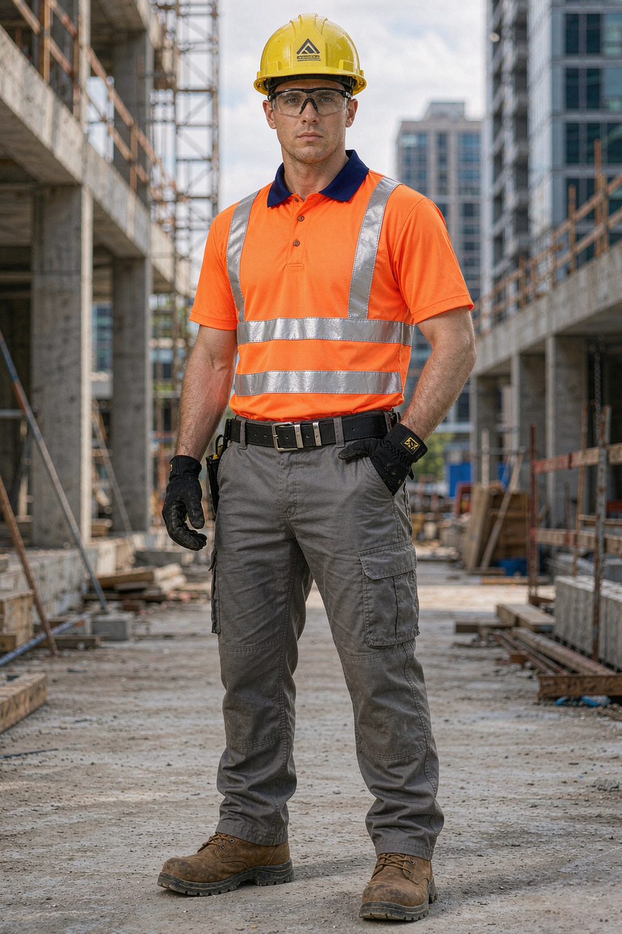Hi-vis reflective polo shirt, short sleeve, orange with navy collar