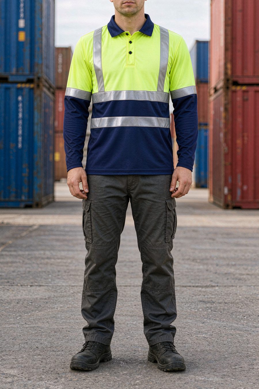 Hi-vis reflective polo shirt, long sleeve, yellow and navy